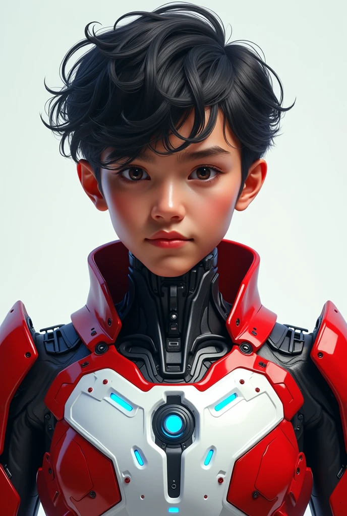 detailed portrait of a young malay indonesian boy, 19 years old. Have body portrait, with wavy black hair and some white highlights, tan skin, wearing a red and white exoskeleton robot suit with a robot face on the body, blue LED lights on the nipple area.