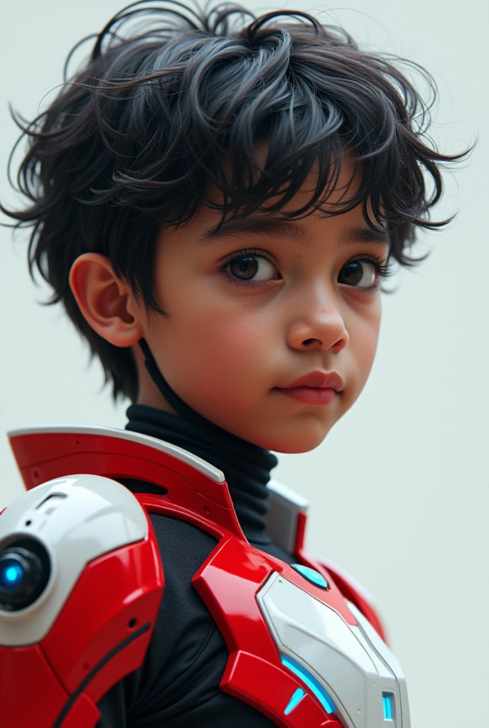 detailed portrait of a young malay indonesian boy, 19 years old. Have body portrait, with wavy black hair and some white highlights, tan skin, wearing a red and white exoskeleton robot suit with a robot face on the body, blue LED lights on the nipple area.