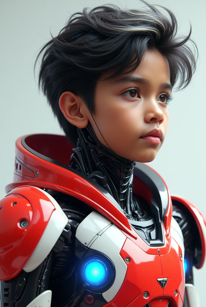 detailed portrait of a young malay indonesian boy, 19 years old. Have body portrait, with wavy black hair and some white highlights, tan skin, wearing a red and white exoskeleton robot suit with a robot face on the body, blue LED lights on the nipple area.