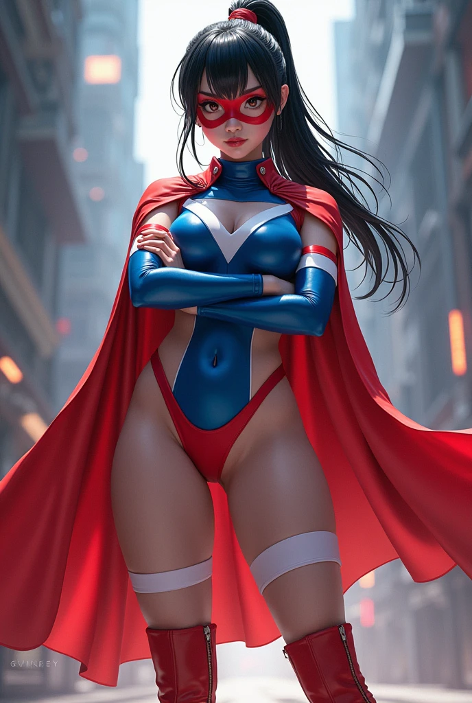 woman, Asia, whole body, Round Face, beautiful, big eyes, Black Hair, Ponytail, Athlete physique, Sexy, Moist skin, Costumes: in spandex, Red Cape, Siamese, Tight, sleeveless, Blue top,White on both sides, Inverted white triangle symbol, 腹部镂空Siamese衣, Red lingerie, White knee socks, Red Boots, Blue fingerless short sleeves, White shooter sleeves, Red Domino Mask, Stand with one hand crossed at the waist, Glowing Energy Aura
