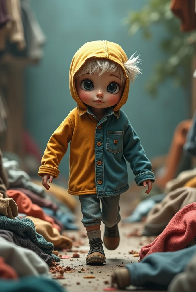 The clothes are looking for their owner. They walk everywhere. Just a single shirt, no humans or animals, just a walking shirt with eyes and a mouth, a cute face, abandoned on a pile of garbage clothes.