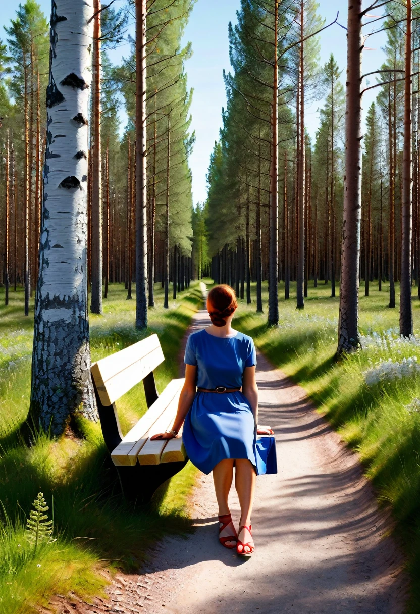 Photo réaliste complète de femme finlandaise peau blanche, 42 ans. naturelle. chemin dans bois finlande. un banc au bord du chemin. assise sur le banc jambes décroisées et ouvertes. arbres finlandais autour. ete. brune. regarde l'objectif. position vulgaire. cheveux droits et pas longs; portant grande boucle d'oreille. bijoux; bagues, bracelets. maquillage tres marqué fort, rouge à levres fort. sandale plate. vernis ongles. portant mini-jupe;