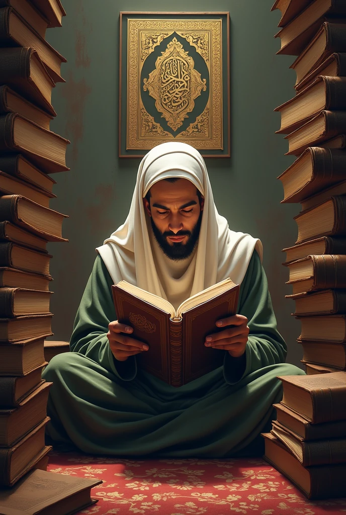 A person who is studying at a madrasa or reading a religious book, with a background of piles of books and the Qur&#39;an.