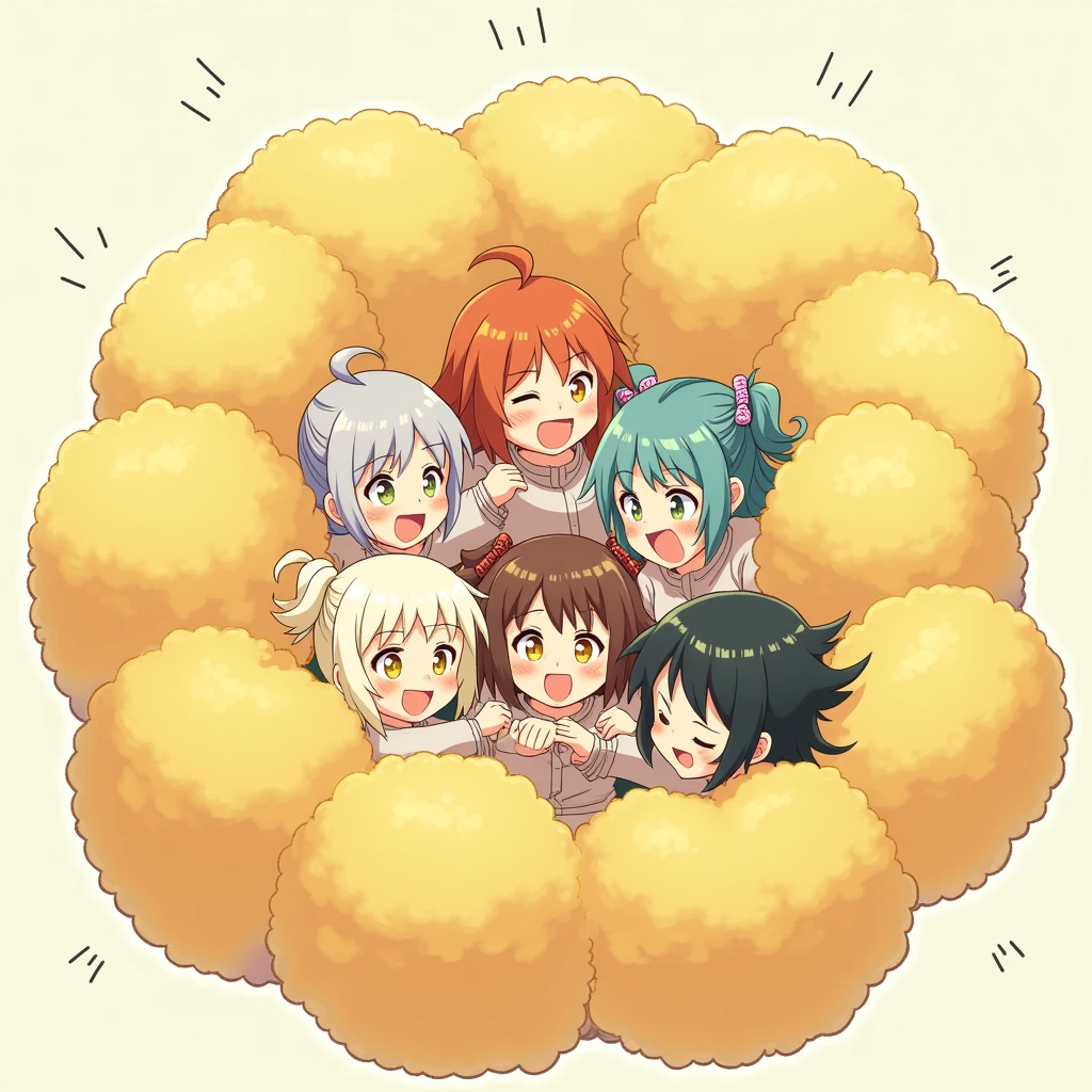 An anime-style illustration depicting six girls playfully wrestling with each other inside a gold comical fight cloud (chainese cloud).
each girl has different colored hair: one with silver hair braided,another with orenge short hair,another with bluebraided pigtails ,another with green twin tailes another with black bobcuts and on white long hair.
their faces,hands,and feet are visible emerging from the cloud as they tussle humorously, with the rest of their bodies completely hidden inside the cloud.
the illustration emphasizes the humorous and energetic nature of their scuffle,with a fluffy andexaggerated fight cloud.