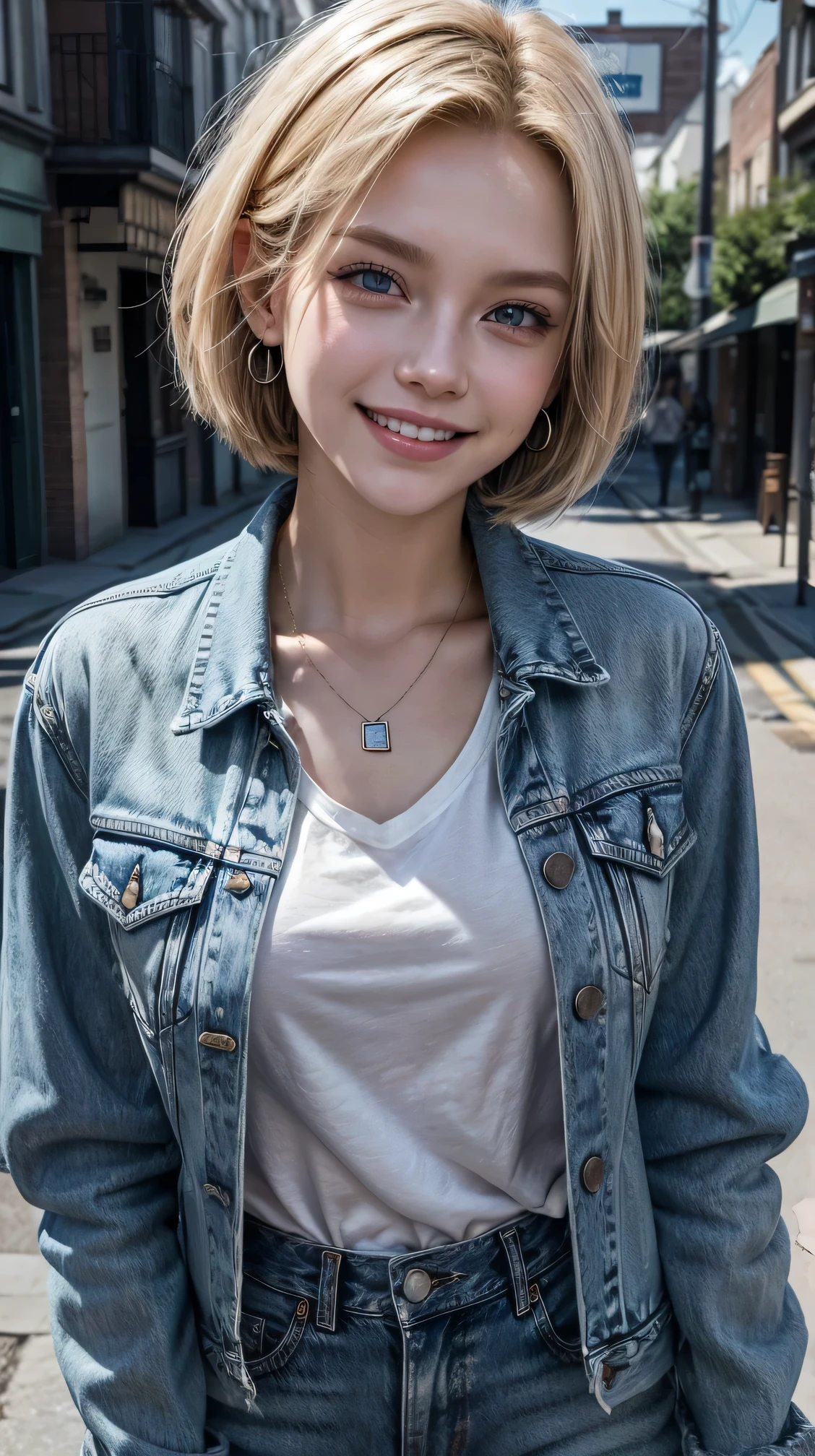 alone, Android 18, Written by Rubio, blue eyes, short hair, jewelry, Earrings, smile, Jacket, denim, denim Jacket, shirt、smile、Beautiful teeth alignment、, The background is a town street
