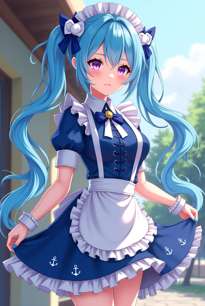 Highest quality,Realistic,masterpiece,detailed,High resolution,Cute , masterpiece, best quality, highres,  sidelighting, 1girl, virtual youtuber, minato aqua, long hair, multicolored hair, dress, twintails, maid headdress, colored inner hair, purple eyes, anchor symbol, blue hair, bow, two-tone hair, short sleeves, braid, blue dress, wrist cuffs, ribbon, bangs, drill hair, blue nails, twin drills, puffy short sleeves, hair ribbon, purple hair, puffy sleeves, ahoge, ankle cuffs, dress bow, maid, frills, nail polish, streaked hair, white bow, large breasts, cowboy shot, outdoors, (skirt lift:1.3), thong, frown,