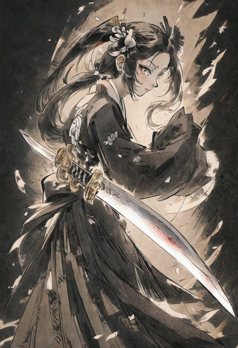 Anime Character Design Japanese style Anime Character Reference Sheet Concept Character black and white manga style Taisho Romance action knife Twin tails