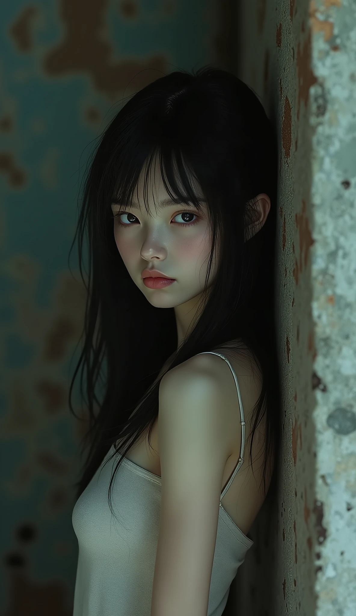 Depressed girl、Long black hair、Small Nose、Skinny body、White eyes、Thin lips、Inpatients、Upper Body、Close-up、Real、Abandoned Factory、Prescription