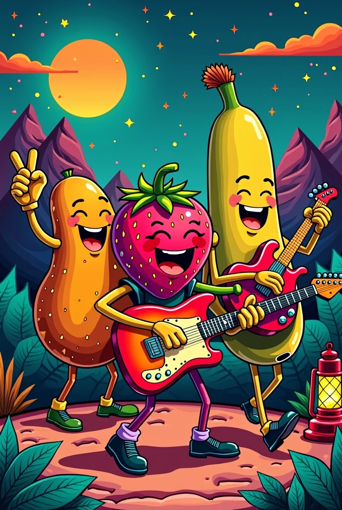 
There are three fruit cartoon characters playing music, Poster art by Karoly Brocchi, Pixel, funk art, music poster, 🪔 🎨;🌞🌄, Poster, 80s poster, Poster, Illustration poster, rock &#39;n&#39; roll, 80s style poster, Propaganda Art, Ink art brawlstars