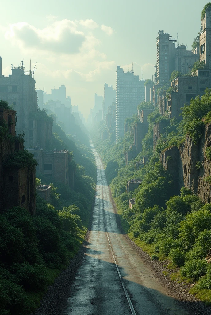 Horizontal view,damage buliding like eco system,the city is battel suffer Faraway view,super wide shot,Road,Horizontal