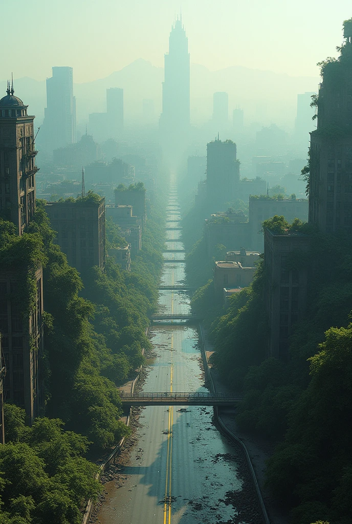 Horizontal view,damage buliding like eco system,the city is battel suffer Faraway view,super wide shot,Road,Horizontal