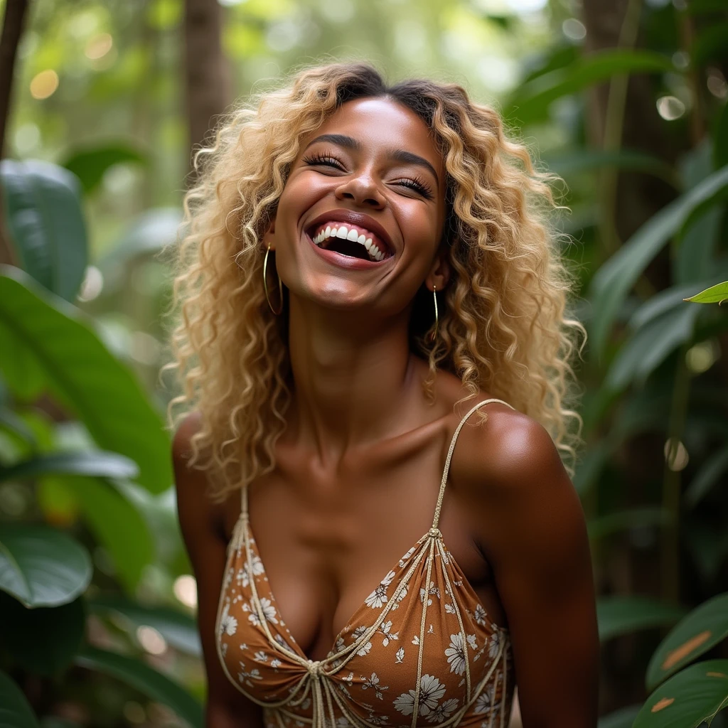 Smile, Toffee color skin, beautiful toffee mixed woman of 26 years old with long blond curly hair and extremely detailled clear yellow eyes , Whole body, She wears A very beautiful sexy brown and white strap dress with very beautiful details, She's on the side His head is turned towards the viewer on a beautiful place with plant, She smiles with her head raised towards the sky