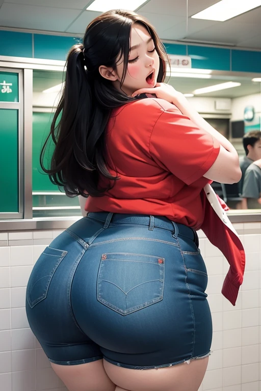 Sexy bbw girl standing in subway wearing middle school uniform, Close your eyes, sweat and look miserable, Open your mouth and stick your tongue out, Emphasize huge butt