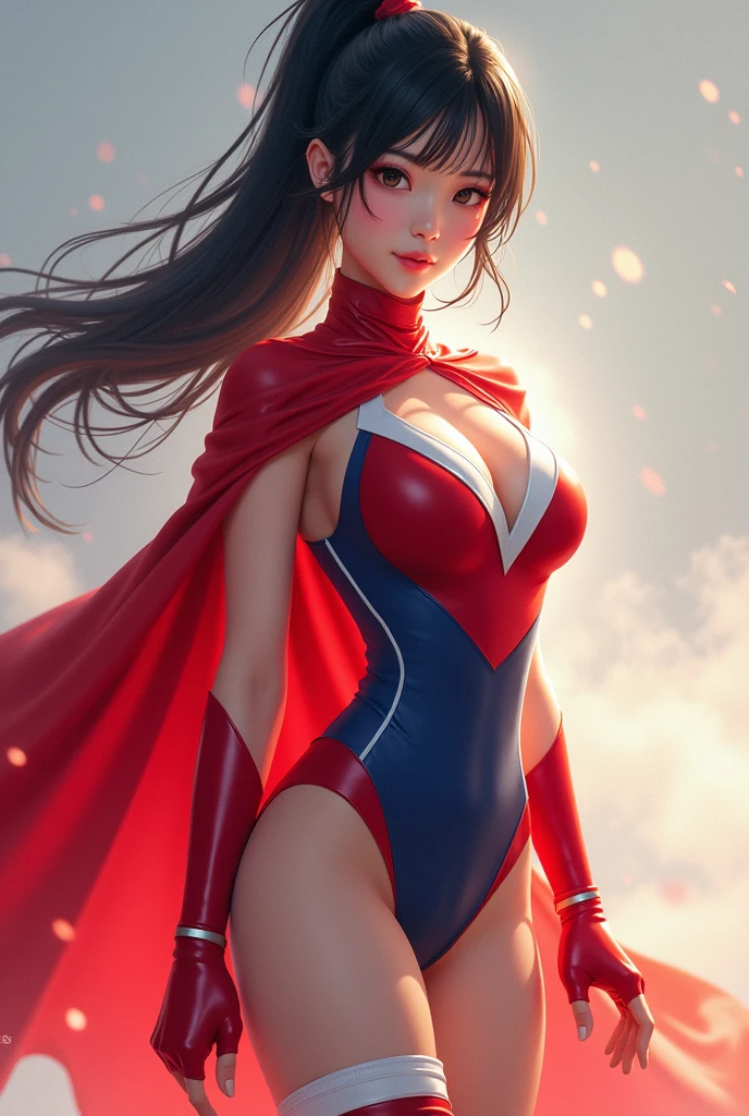 whole body图:woman, Asia, whole body, Round Face, beautiful, big eyes, Black Hair, Ponytail, Athlete physique, Sexy, Moist skin, Costumes: in spandex, Red Cape, Siamese, Tight, sleeveless, Blue top,White on both sides, Inverted white triangle symbol, 腹部镂空Siamese衣, Red lingerie, White knee socks, Red Boots, Blue fingerless short sleeves, White shooter sleeves, Red Domino Mask, Stand with one hand crossed at the waist, Glowing Energy Aura