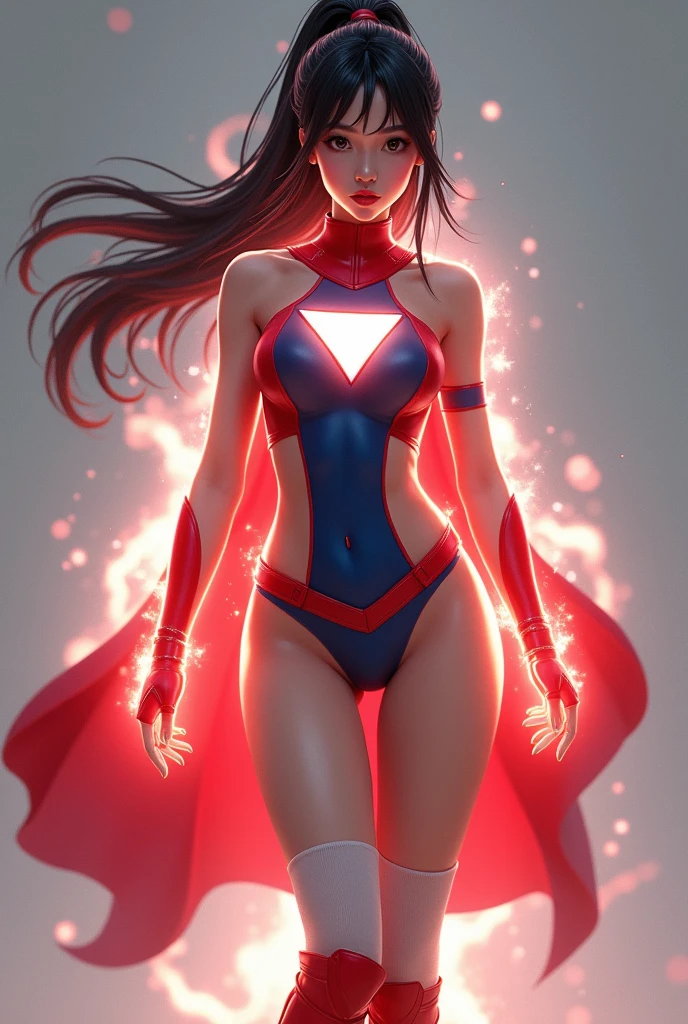 whole body图:woman, Asia, whole body, Round Face, beautiful, big eyes, Black Hair, Ponytail, Athlete physique, Sexy, Moist skin, Costumes: in spandex, Red Cape, Siamese, Tight, sleeveless, Blue top,White on both sides, Inverted white triangle symbol, 腹部镂空Siamese衣, Red lingerie, White knee socks, Red Boots, Blue fingerless short sleeves, White shooter sleeves, Red Domino Mask, Stand with one hand crossed at the waist, Glowing Energy Aura