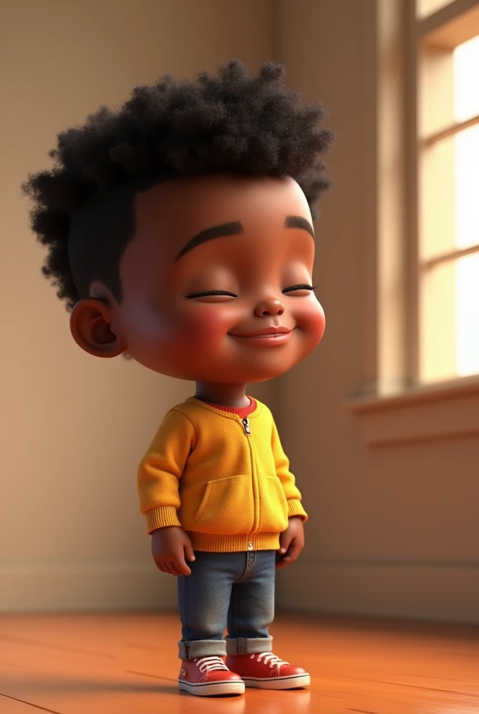 arafed image of a young african american boy standing in a room, close eyed, pixar character, pixar renderman render, pixar octane render, pixar. octane render, as a pixar character, pixar portrait 8 k photo, depicted as a pixar character, pixar render, ideal pixar character, 3d model pixar render, render in pixar, by Pixar, pixar 3d render