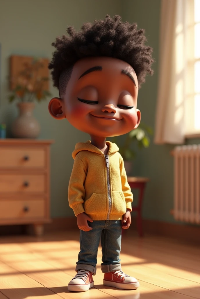 arafed image of a young african american boy standing in a room, close eyed, pixar character, pixar renderman render, pixar octane render, pixar. octane render, as a pixar character, pixar portrait 8 k photo, depicted as a pixar character, pixar render, ideal pixar character, 3d model pixar render, render in pixar, by Pixar, pixar 3d render