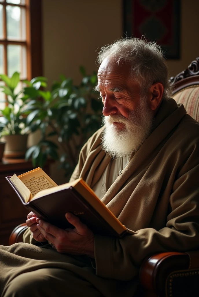 An old man or woman reading Surah Yasin at home, with a calm and peaceful atmosphere.