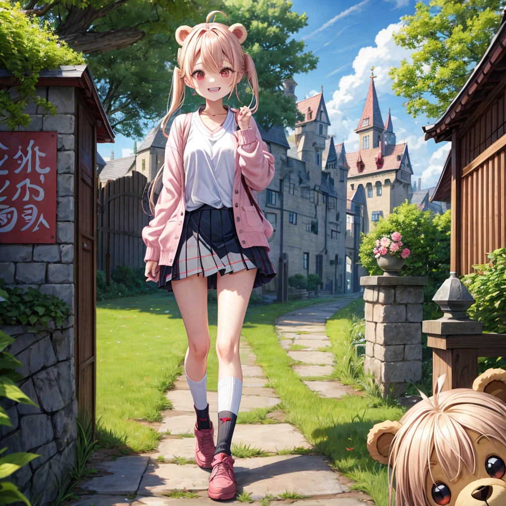 Pink Blonde、Red eyes、Hair tied up、Two cute、Checked mini skirt、black t-shirts、cardigan、Knee-high socks、bear ears baseball cap、Teeth are visible、Monster Castle、Tilting face、crossing the bridge、hazakura、windmill、grass、Stones are growing out of the ground.、A teddy bear is walking、Morning glory is blooming.、In front of the city gates、clock