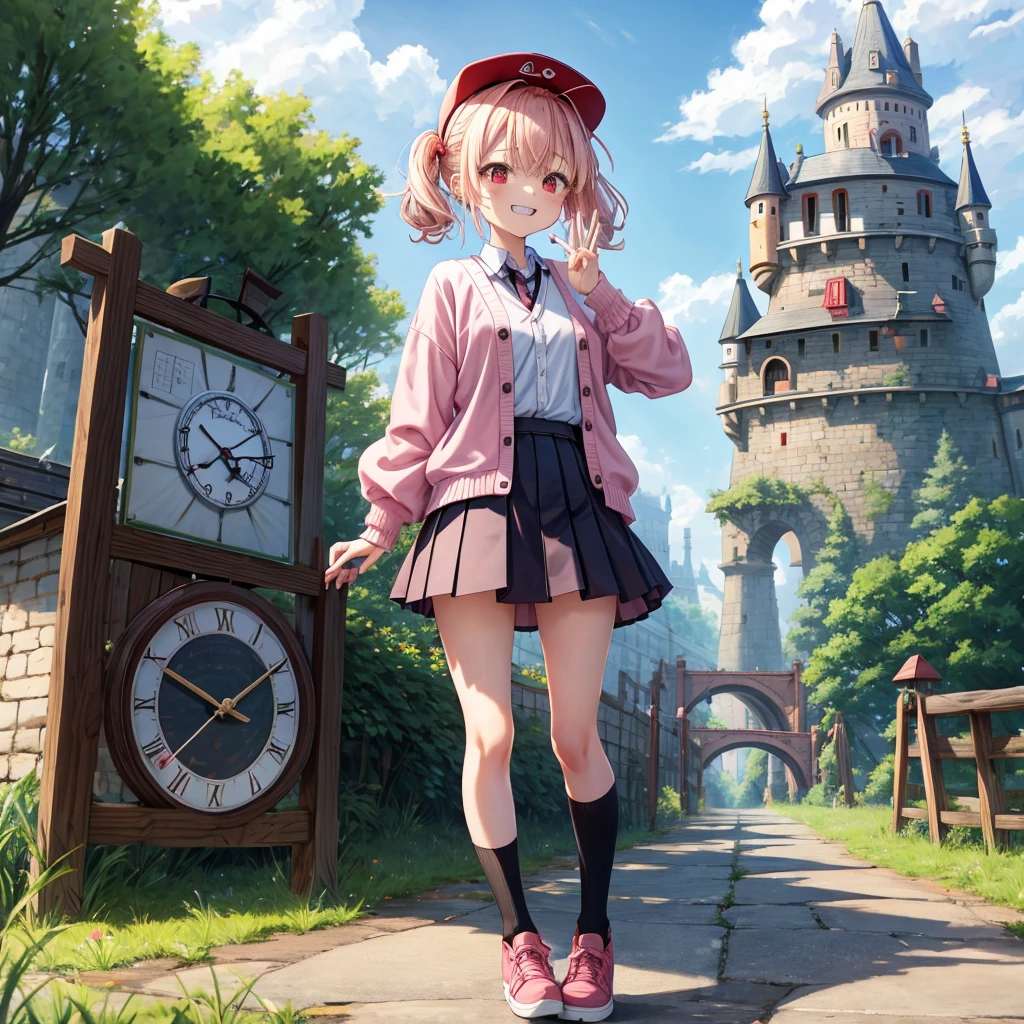 Pink Blonde、Red eyes、Hair tied up、Two cute、Checked mini skirt、black t-shirts、cardigan、Knee-high socks、bear ears baseball cap、Teeth are visible、Monster Castle、Tilting face、crossing the bridge、hazakura、windmill、grass、Stones are growing out of the ground.、A teddy bear is walking、Morning glory is blooming.、In front of the city gates、clock