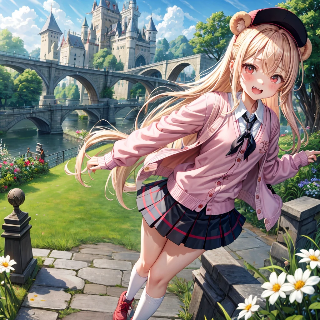 Pink Blonde、Red eyes、Hair tied up、Two cute、Checked mini skirt、black t-shirts、cardigan、Knee-high socks、bear ears baseball cap、Teeth are visible、Monster Castle、Tilting face、crossing the bridge、hazakura、windmill、grass、Stones are growing out of the ground.、A teddy bear is walking、Morning glory is blooming.、In front of the city gates、clock