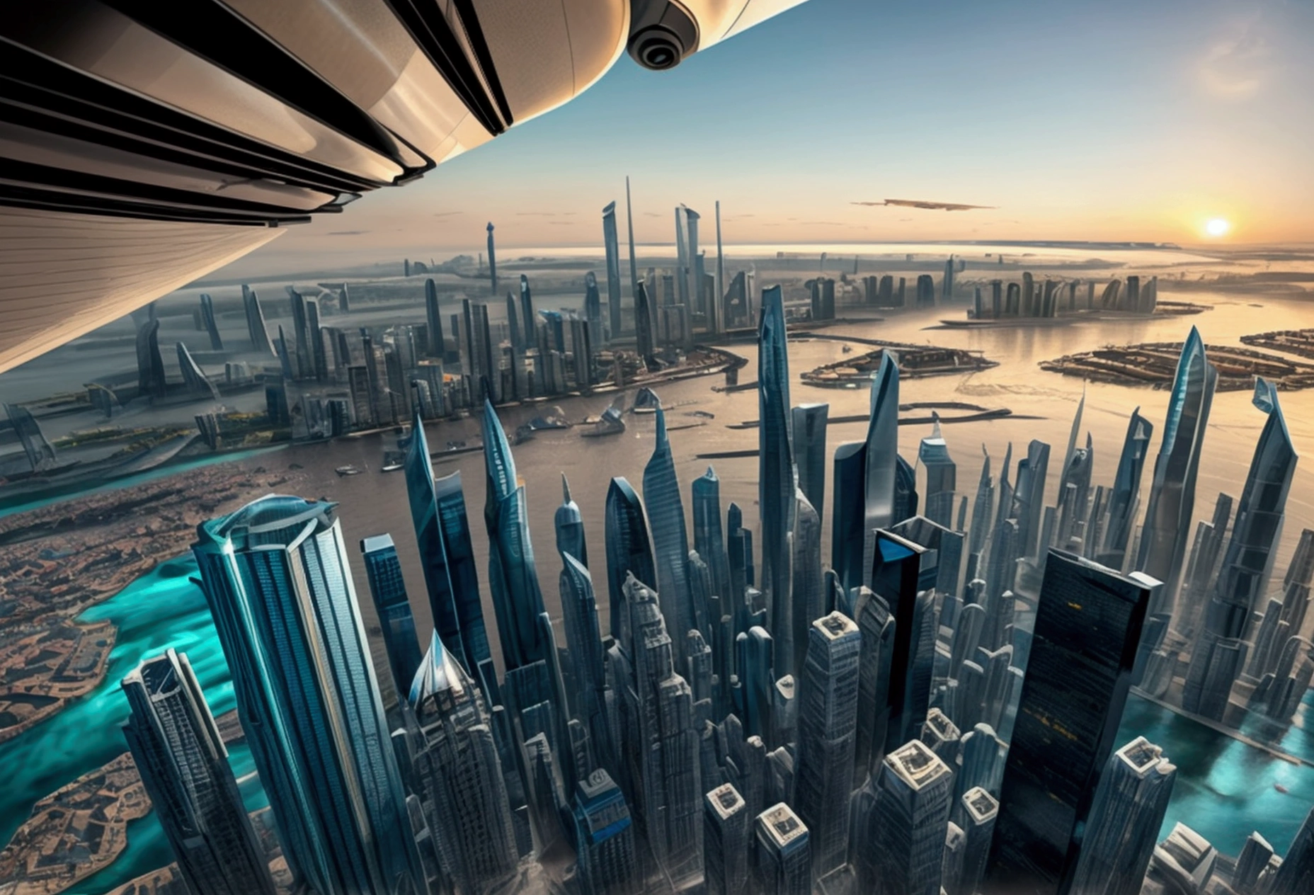"The Floating City"
A massive, futuristic city hovers above a sprawling ocean, connected to the surface by gigantic, mechanical pillars. The city is a blend of sleek skyscrapers and ancient architectural designs, with waterfalls cascading from its edges into the sea below. The sky is filled with flying vehicles and a distant sun setting, casting a warm glow over the scene.