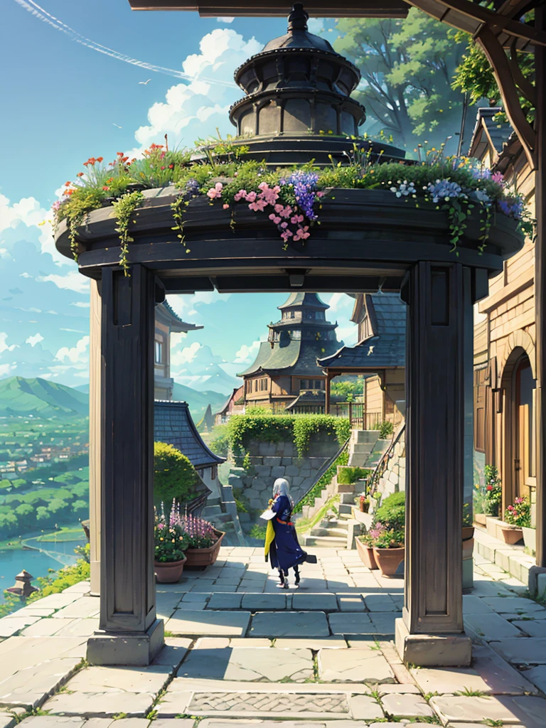 Magnificent View、Floating Island、Hanging Garden、Outdoor、anime、High definition、Holy Maiden、Shrine maiden、With many flowers blooming、Silver Hair(The top of the head is indigo blue、The ends of the hair are red.)、whole body、Jade Eyes、Dance dedicated to the gods、Votive dance