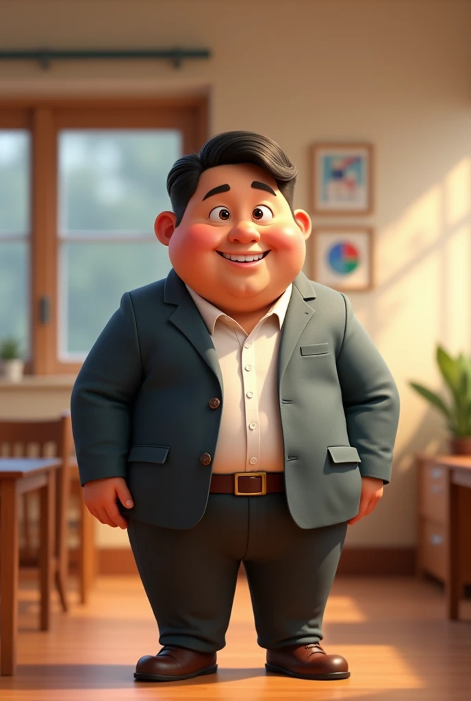 Create relaxing scenes in a Disney-Pixar style, The background is office,There is a teaching version, Chubby, super kind,Kind and friendly, It makes me laugh when I see her, 30 year old stylish man, Short black hair with front parting, Smiling, Light brown eyes, Wear professional clothing, Has a suit jacket, smart causal pixar 3d.