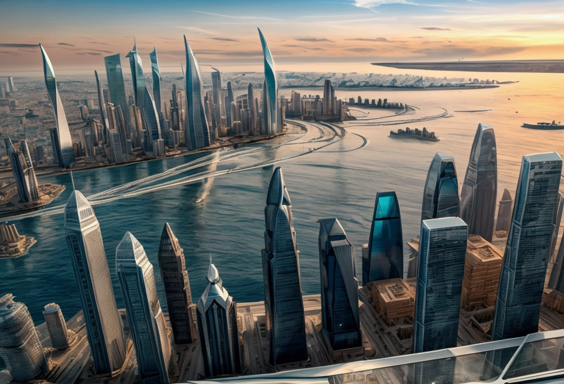 "The Floating City"
A massive, futuristic city hovers above a sprawling ocean, connected to the surface by gigantic, mechanical pillars. The city is a blend of sleek skyscrapers and ancient architectural designs, with waterfalls cascading from its edges into the sea below. The sky is filled with flying vehicles and a distant sun setting, casting a warm glow over the scene.