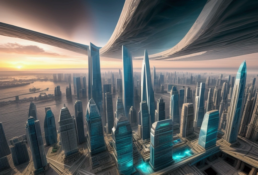 "The Floating City"
A massive, futuristic city hovers above a sprawling ocean, connected to the surface by gigantic, mechanical pillars. The city is a blend of sleek skyscrapers and ancient architectural designs, with waterfalls cascading from its edges into the sea below. The sky is filled with flying vehicles and a distant sun setting, casting a warm glow over the scene.