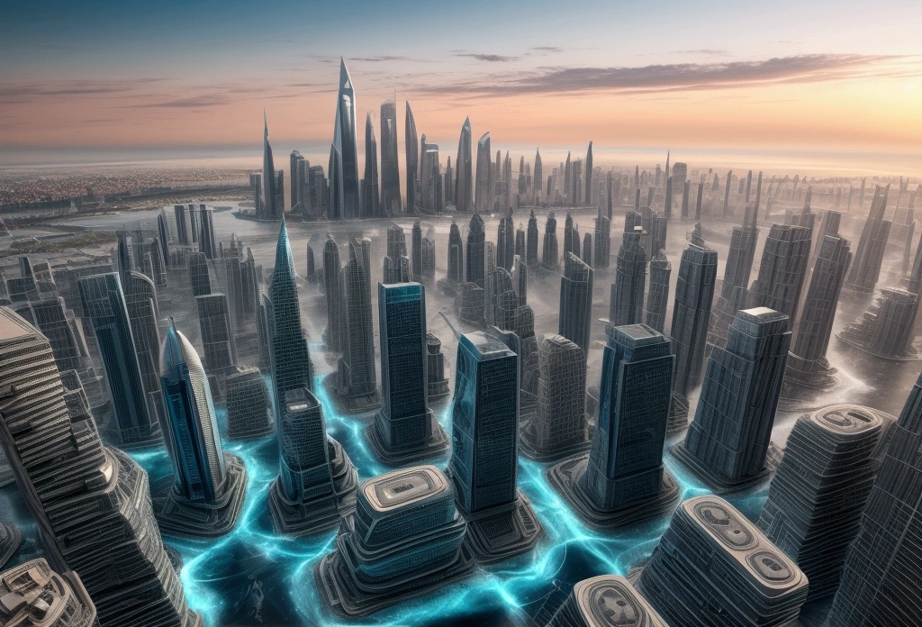 "The Floating City"
A massive, futuristic city hovers above a sprawling ocean, connected to the surface by gigantic, mechanical pillars. The city is a blend of sleek skyscrapers and ancient architectural designs, with waterfalls cascading from its edges into the sea below. The sky is filled with flying vehicles and a distant sun setting, casting a warm glow over the scene.