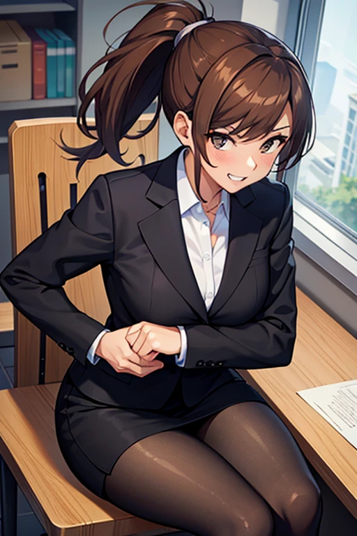 Mastepiece，high quality，woman，OL，Brown Hair，ponytail，office，Sit on a chair，Cross your legs，business suit，Black pantyhose，Mischievous expression，Full body description，Showing teeth