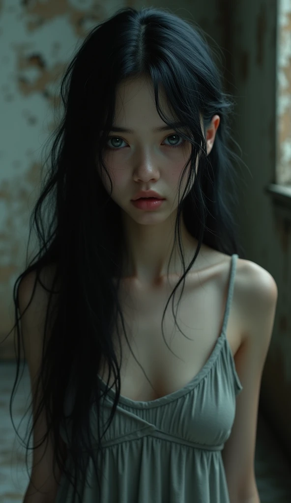 ((best qualityer)), (detailded), a villain. villain. A girl who is losing her sanity, she has black hair, freckles and 17 years old. They are floating above a destroyed village. She's wearing dirty clothes. She cries. She is angry. Anger is consuming her and her hair is turning white