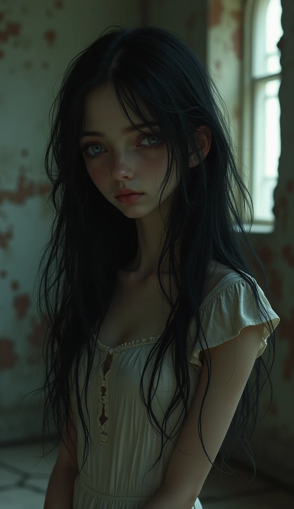 Depressed girl、Long black hair、Small Nose、Skinny body、White eyes、Thin lips、Inpatients、Upper Body、Close-up、Real、Decaying Church