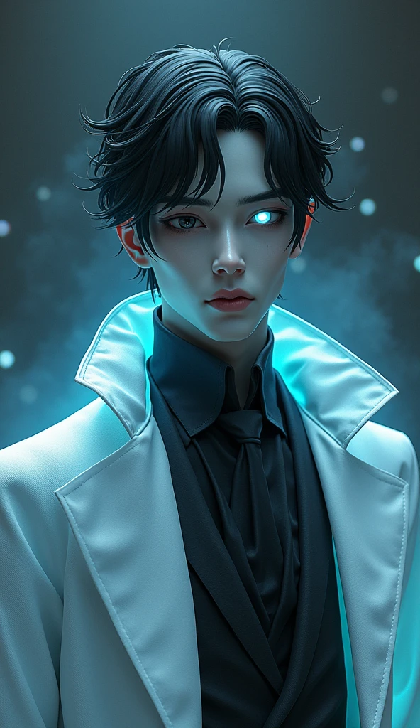 3D illustration of a Handsome man dressed as a plague doctor, glowing dress, pure devine pale skin, without mask, your eyes have different colors, one is gray and the other is black, has black hair and a white streak, glowing eyes, 8K