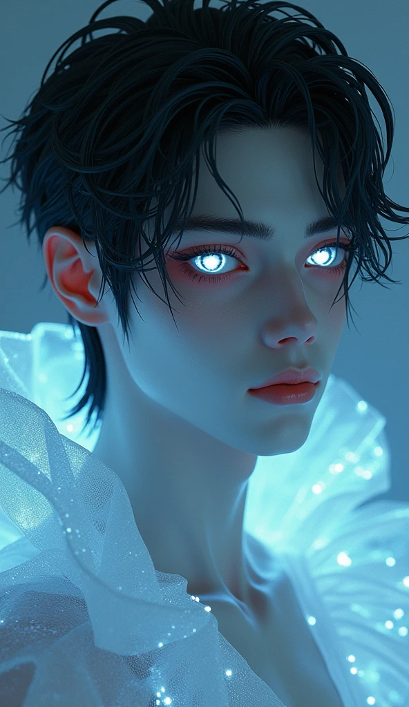 3D illustration of a Handsome man dressed as a plague doctor, glowing dress, pure devine pale skin, without mask, your eyes have different colors, one is gray and the other is black, has black hair and a white streak, glowing eyes, 8K