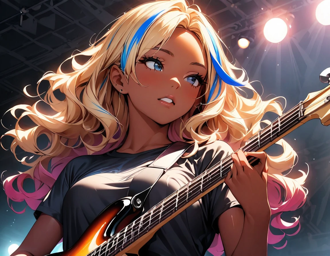 (highest quality:1.4, Very detailed, up to date, Vibrant, Ultra-high resolution, High Contrast, masterpiece:1.2, highest quality, Best aesthetics), Portraiture、girl、(25-years-old:1), slim, (black t-shirt), jeans, Bright colors、Beautiful fine details、Beautiful lip detail、extra short hair, ((wavy hair:1.3))、messy hair, blonde and blue ((streaked hair:1.5)), highlights hair: 1.3, medium breast, (tan skin:1.3), ((Playing bass:1)), electric bass, singing, Rehearsing for a concert:1, on stage, (upper body:1.7),