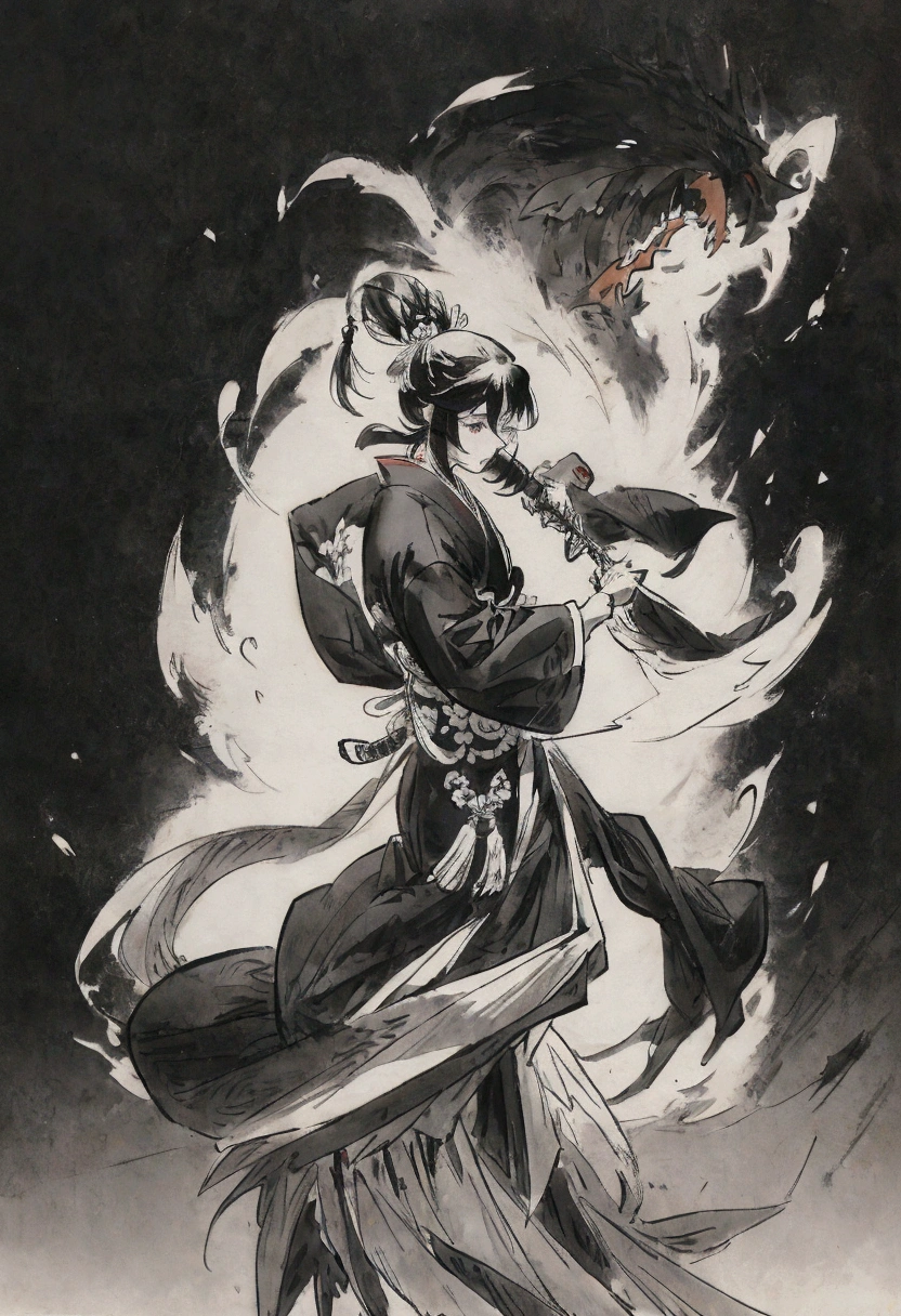 Extremely close-up, epic ink-curved shot, headshot close-up, POV perspective, first person, huge Chinese blade attacking audience, solo, ancient Chinese fairy in white, exaggerated perspective, amazing moment, Qi Baishi, Wu Guanzhong, Zhang Kechun