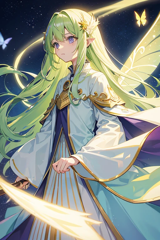 Light yellow-green long straight hair、Expressionless、Purple clothes、Light blue cloak、woman、、Have a deck brush、Fairy、child