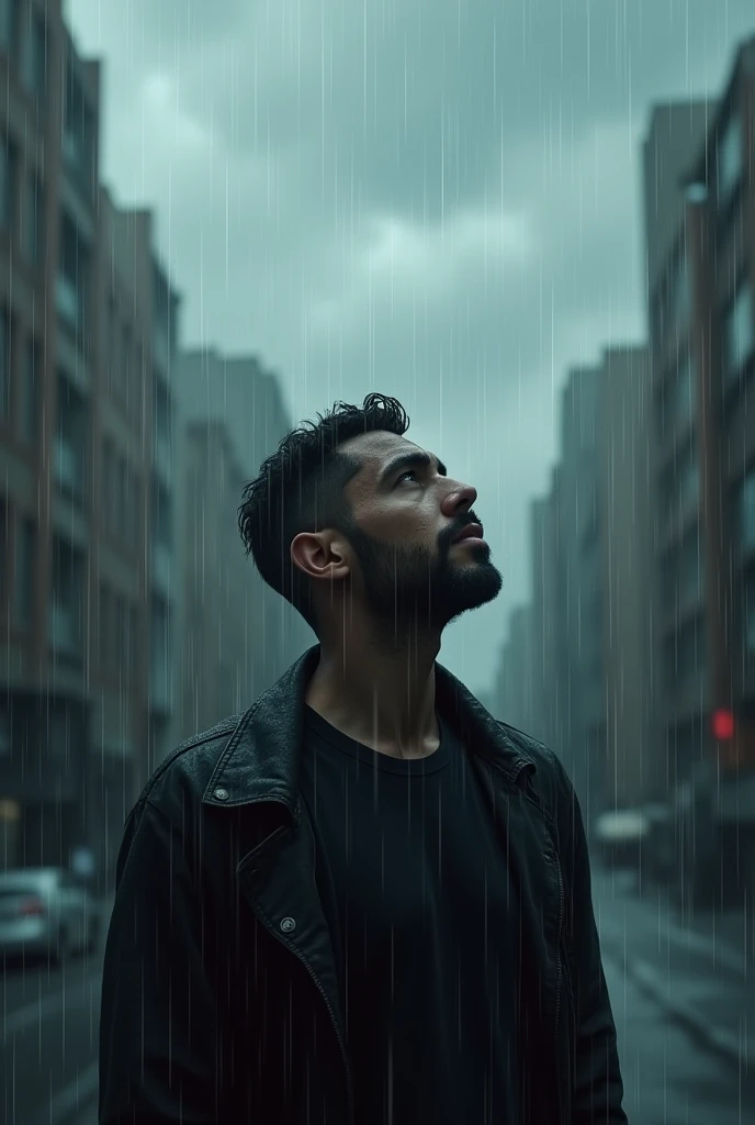 A men looking up the sky while too heavy raining