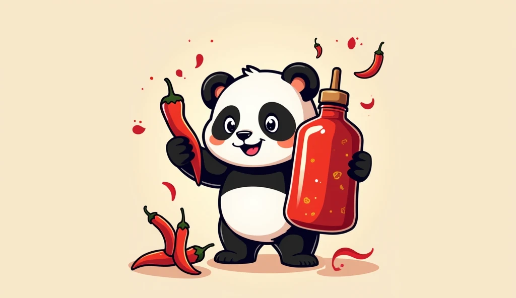 Design a logo，The main theme is a cute panda holding a large sauce jar filled with chili peppers.，The panda holds a bunch of peppers in its hand to form the Chinese character &quot;川&quot; (Chuan)，The Sichuan-style &quot;Sichuan&quot; is used above the word &quot;Chuan&quot;."