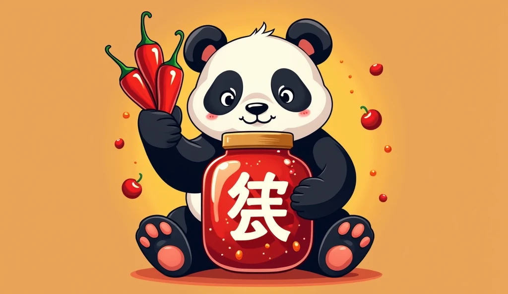 Design a logo，The main theme is a cute panda holding a large sauce jar filled with chili peppers.，The panda holds a bunch of peppers in its hand to form the Chinese character &quot;川&quot; (Chuan)，The Sichuan-style &quot;Sichuan&quot; is used above the word &quot;Chuan&quot;."