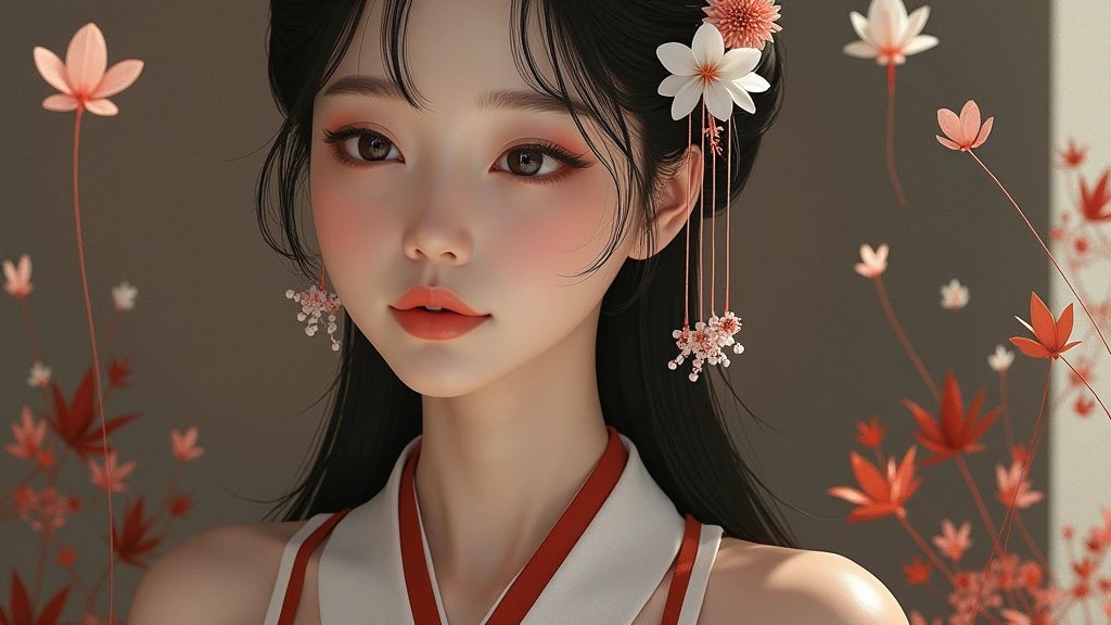 Beautiful Japanese face woman, image from the neck up, woman with a long neck front face adult woman photorealistic