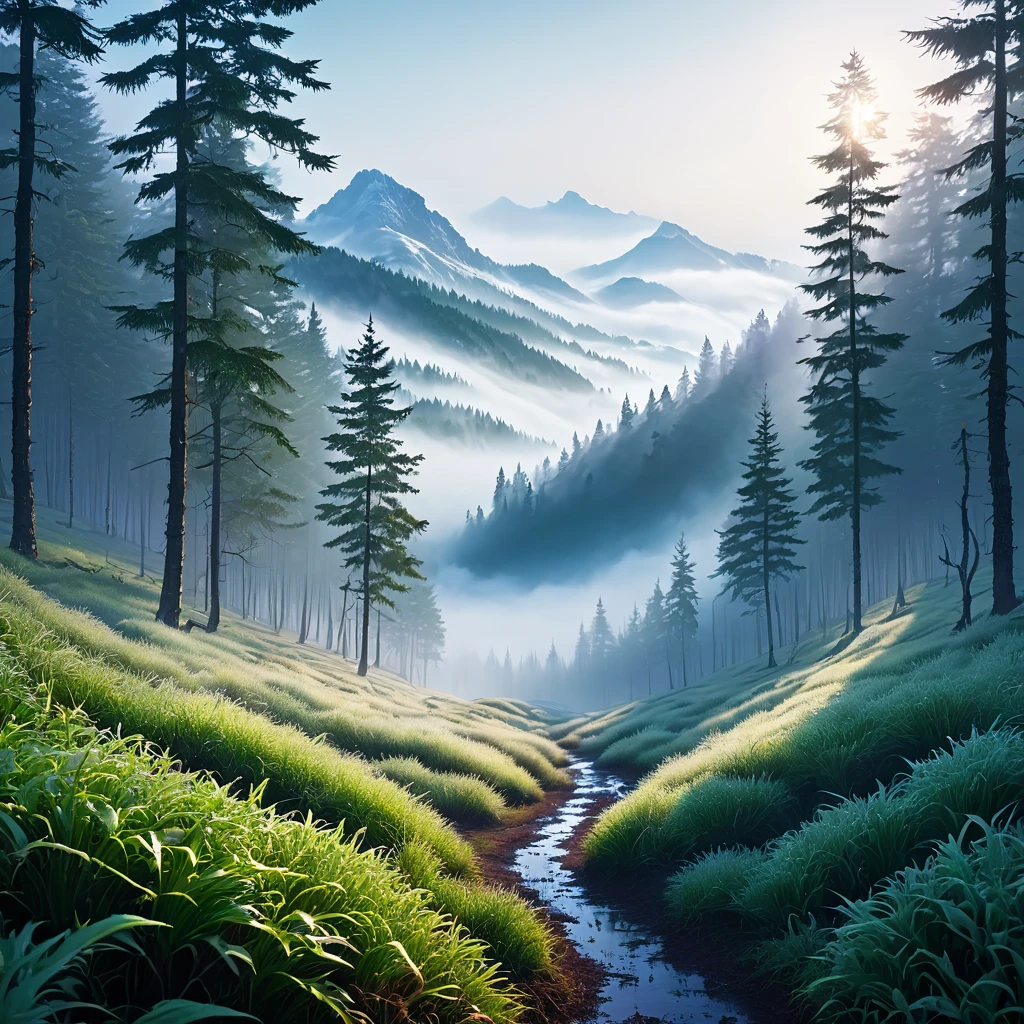 The winter forest has mountains, fog and dew. The atmosphere is peaceful and cool.