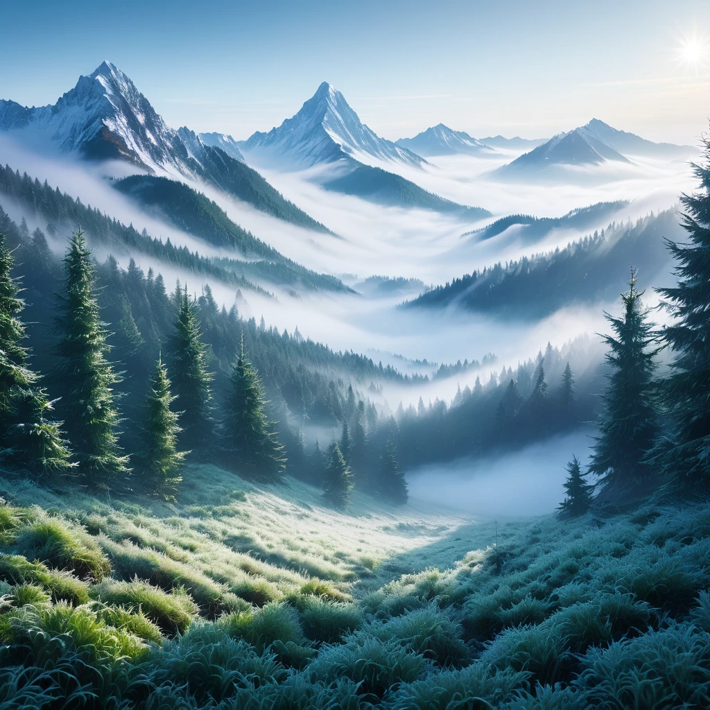 The winter forest has mountains, fog and dew. The atmosphere is peaceful and cool.