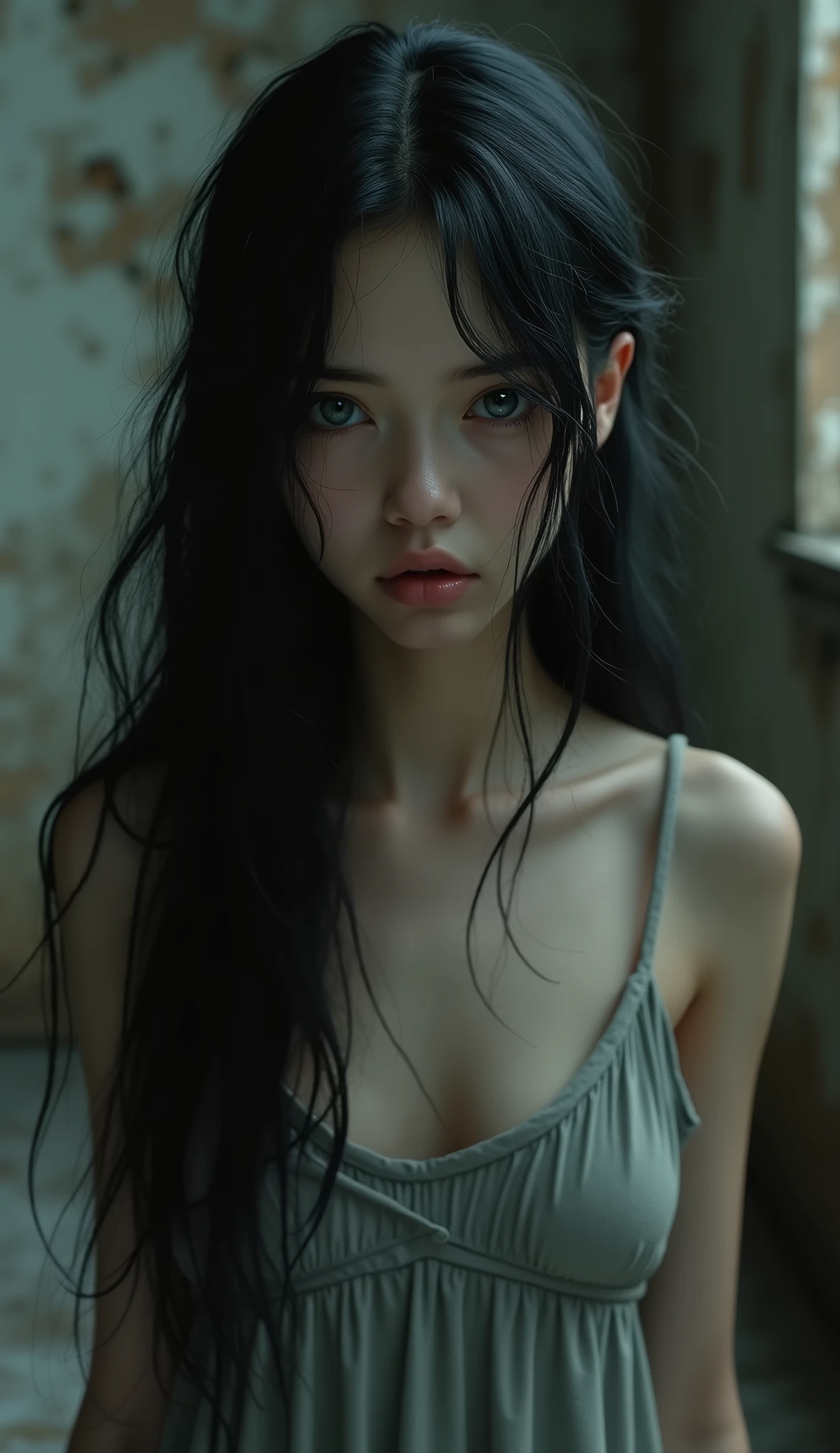 Depressed girl、Long black hair、Small Nose、Skinny body、White eyes、Thin lips、Inpatients、Upper Body、Close-up、Real、Decaying Church