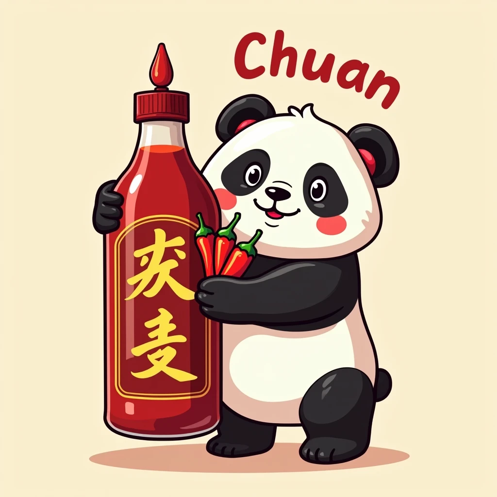 Design a logo,The main theme is a cute panda holding a large sauce jar filled with chili peppers.,The panda holds a bunch of peppers in its hand to form the Chinese character "川" (Chuan),The Sichuan-style "Sichuan" is used above the word "Chuan"."