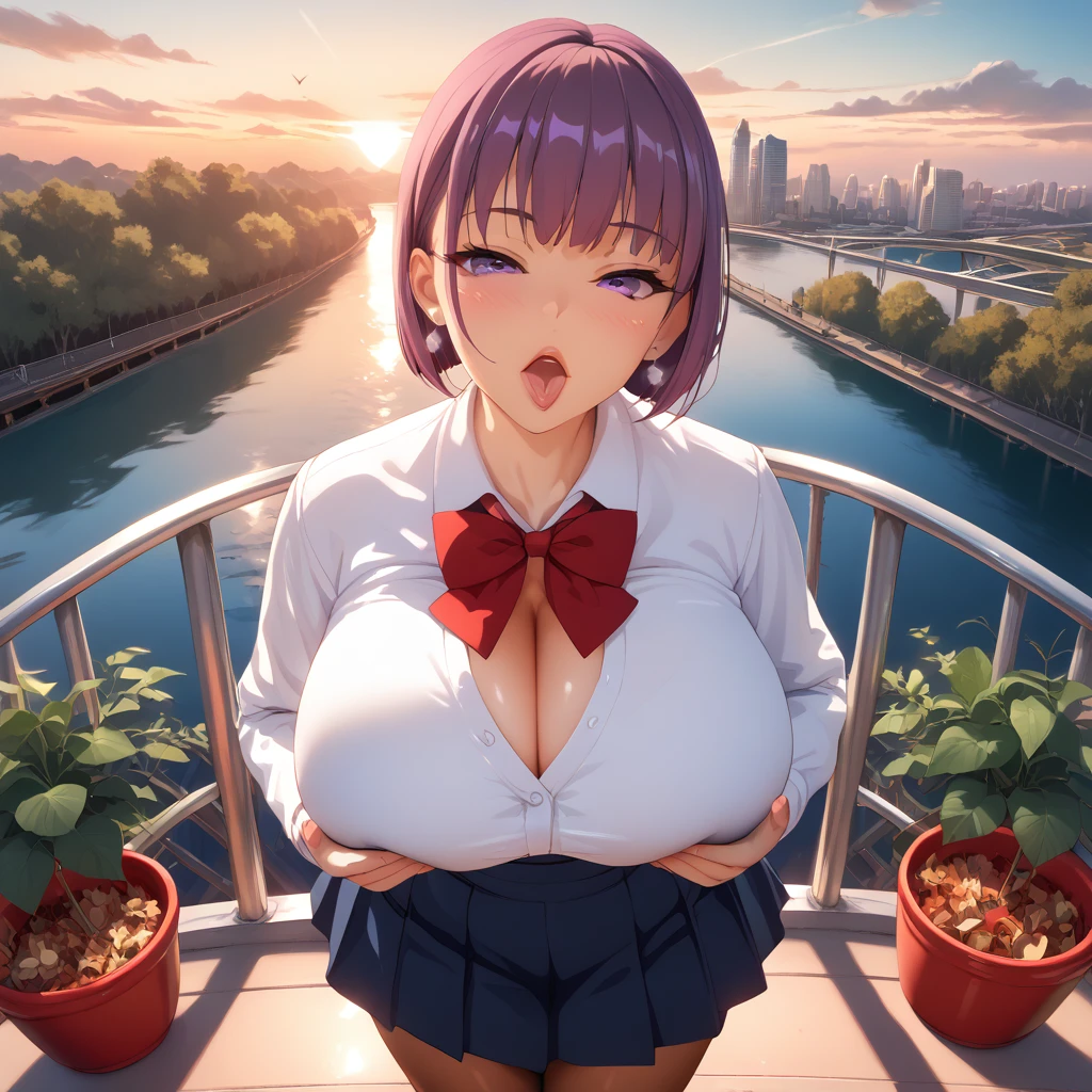 (Nsfw), 1 female, really short, tanned, round face, Huggies earrings, front view, pov angle, high angle, plump lips, wide open mouth, tongue out, perverse face, round face, detailed face, short purple hair, bowl cut, bangs, big purple eyes, full lidded eyes, puckered lips, hands grabbing breasts, breath mist, red head band, school uniform, cleavage, white shirt, clothes stretch, realistic fabric, red ribbon, short blue skirt, skin tight clothing, extremely flushed face, massive breasts, slim waist, cinematic lighting, volumetric lighting, sunset, leaves falling in background, birds in sky, detailed city background, on a bridge, warm hues,train tracks in background, plants