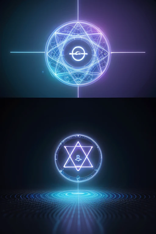 a circular logo for a club, representation of science and mathematics, daily life elements, cyan and violet colors, geometric shapes, minimal style, symmetry, math symbols, scientific objects, professional, clean design, 8k, highres, detailed, photorealistic