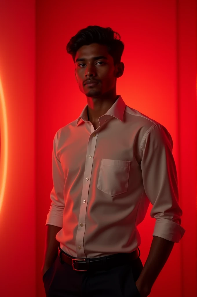 18 year old Indian boy wearing formals posing for Nadeem red light in background